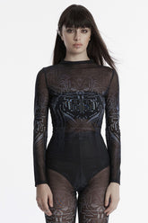 Schwarze Langarm-Gradienten-Druck-Sheer-Mesh-Punk-Bluse für Damen